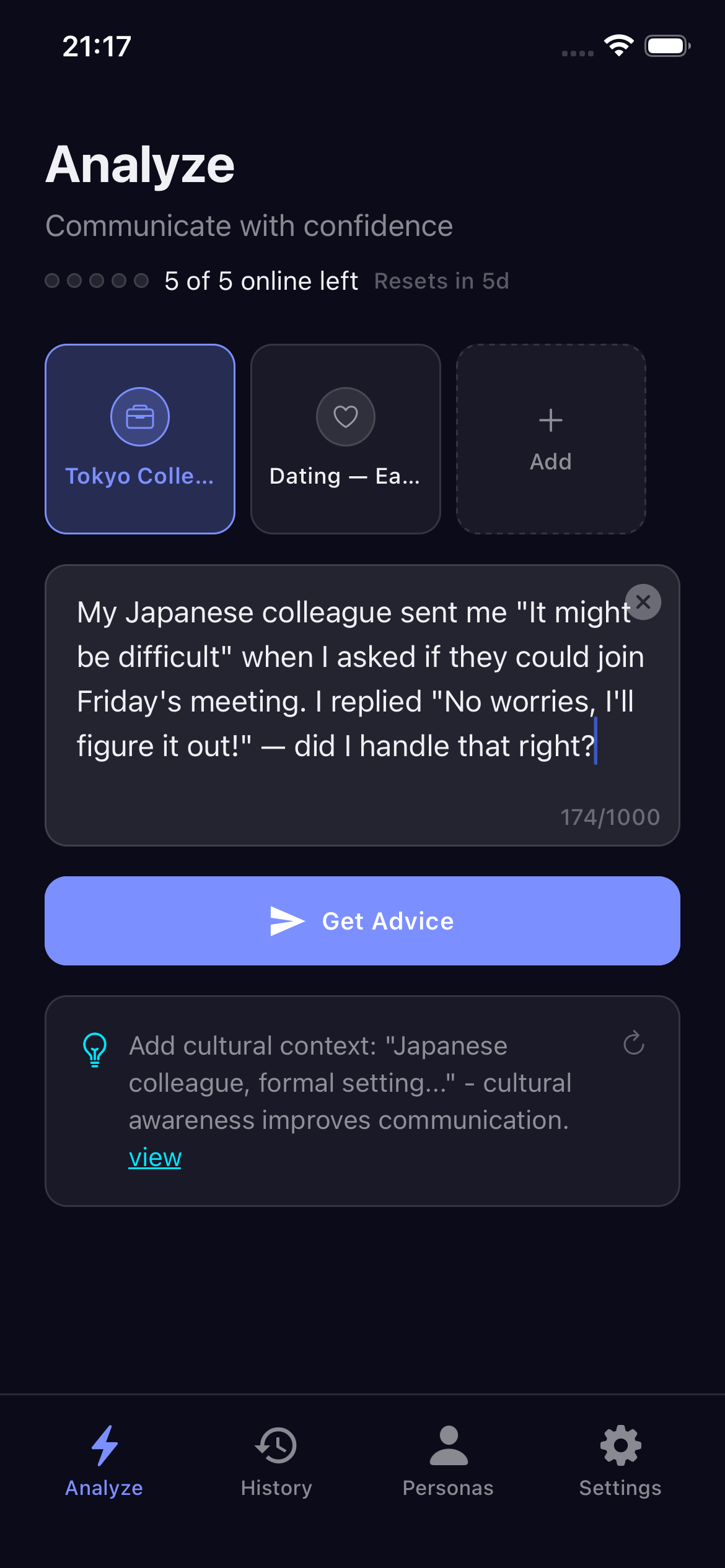 Analyze: persona pills, situation input, usage quota, and cultural tip.
