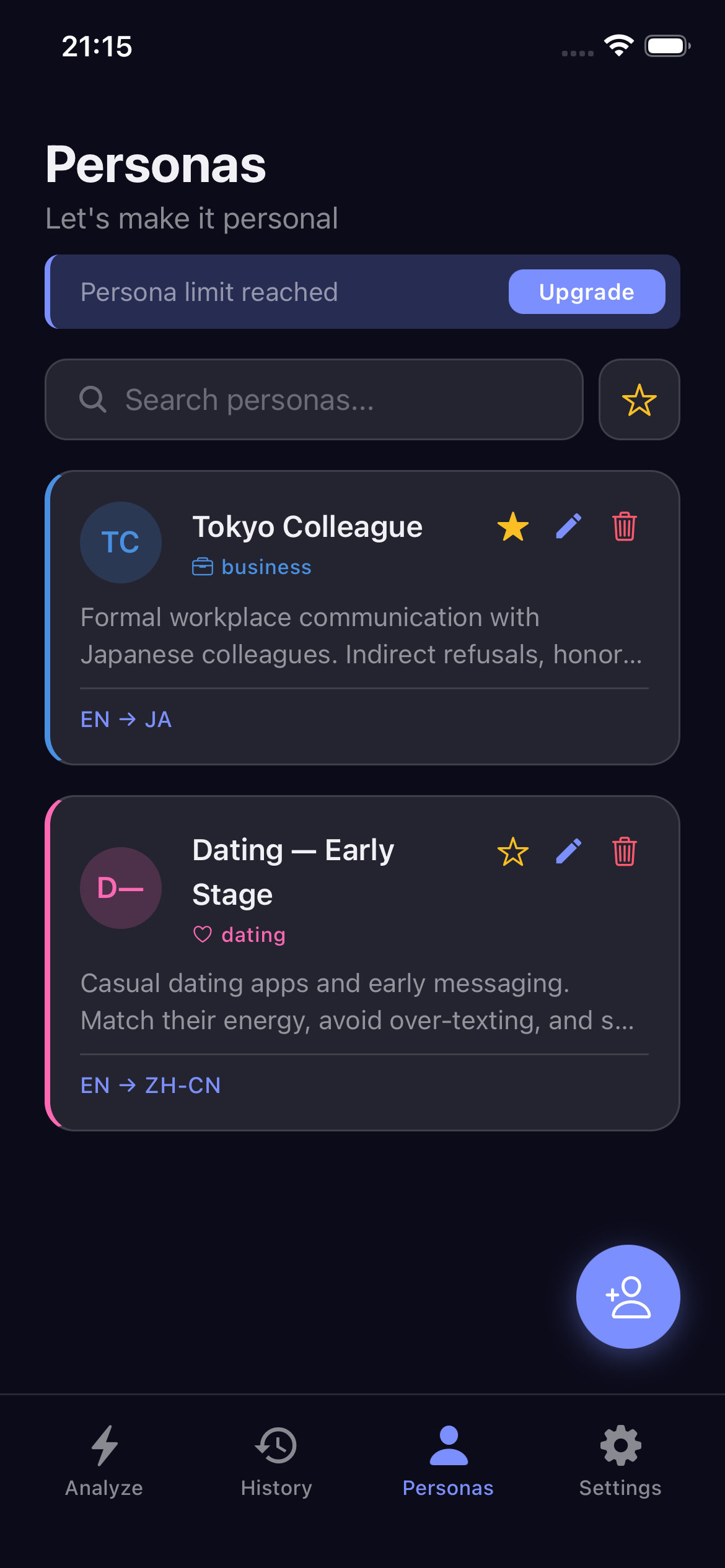 Personas: context cards by domain with language pairs for tailored advice.