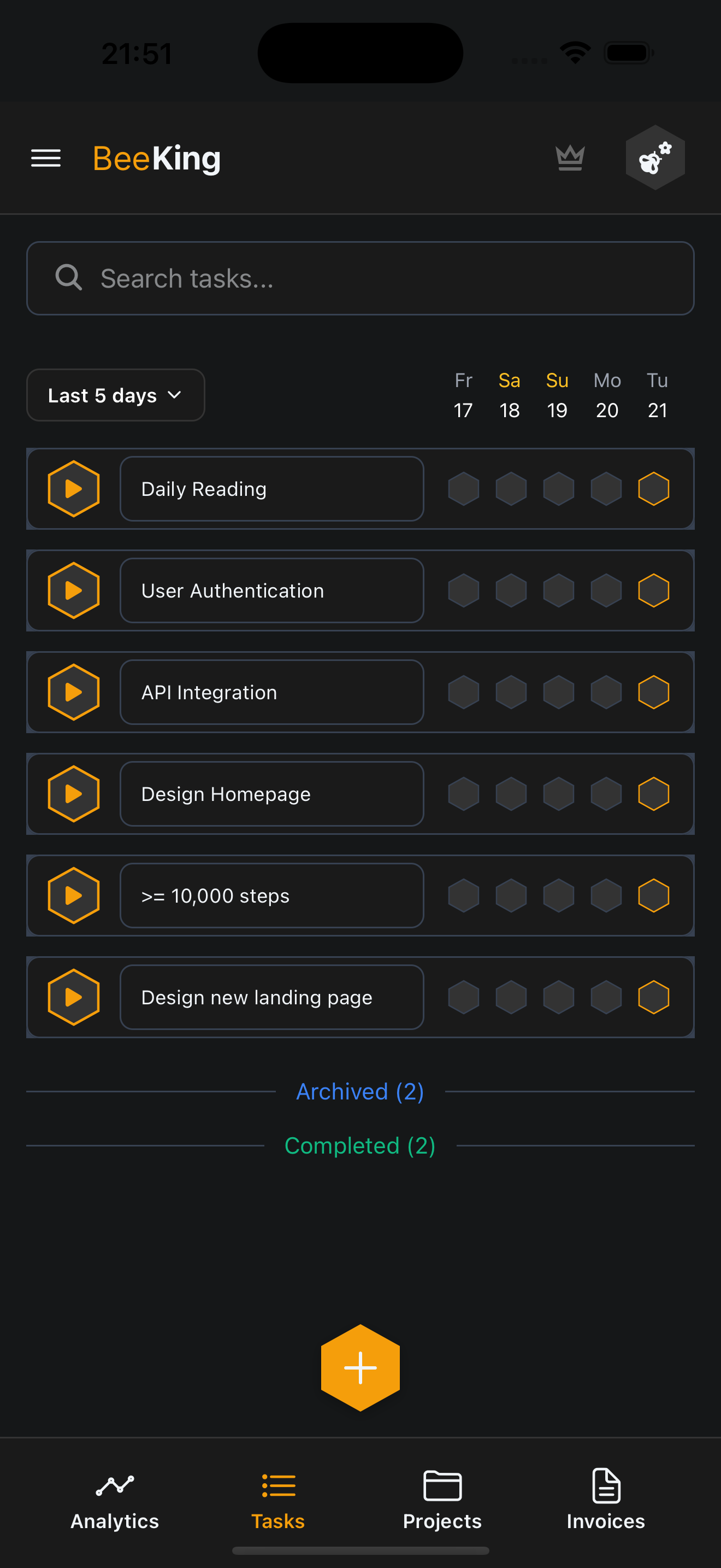 Tasks tab: persisted timers, search, and billable day history.