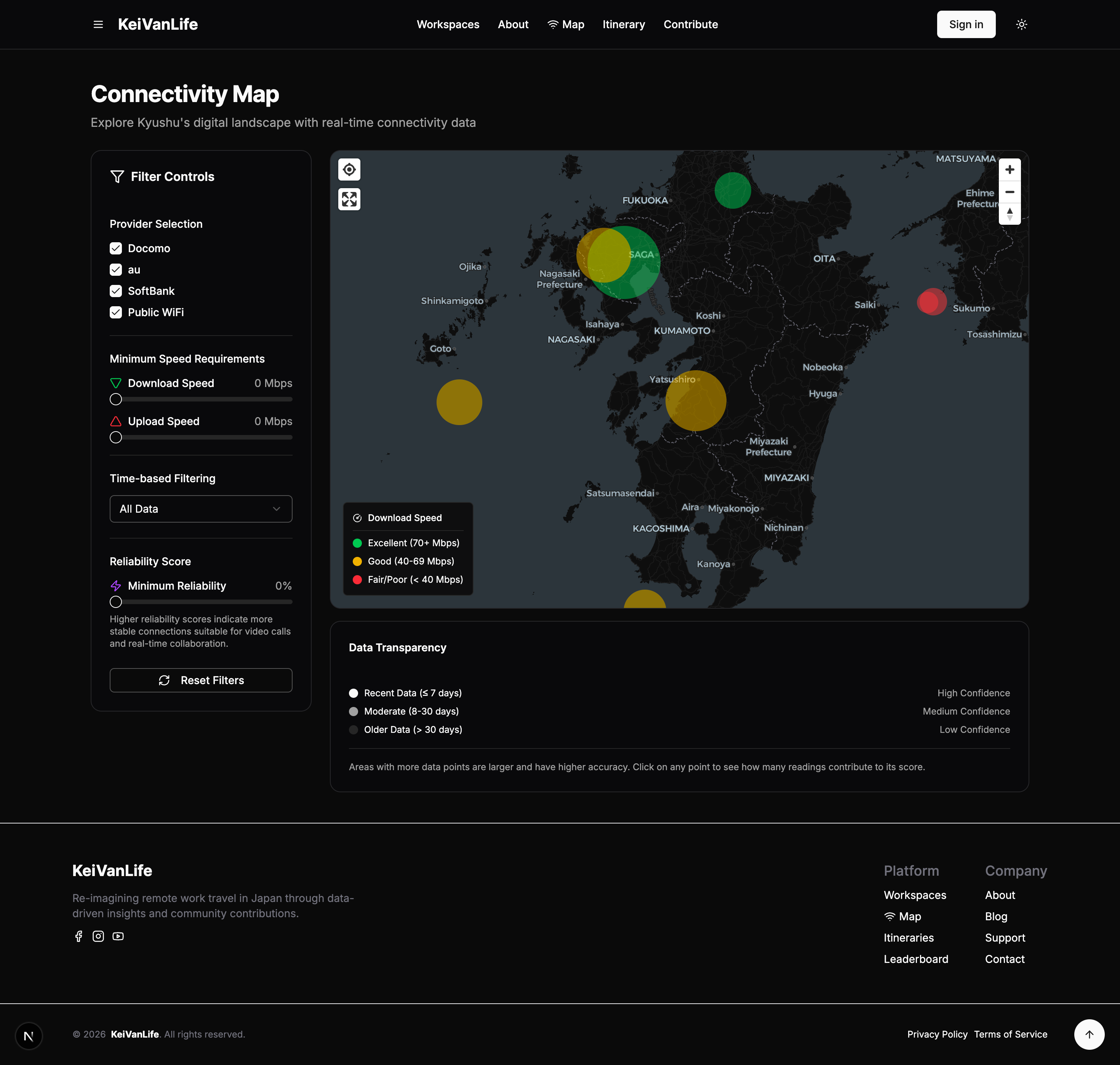 Connectivity map: remote-work-friendly locations across Kyushu.