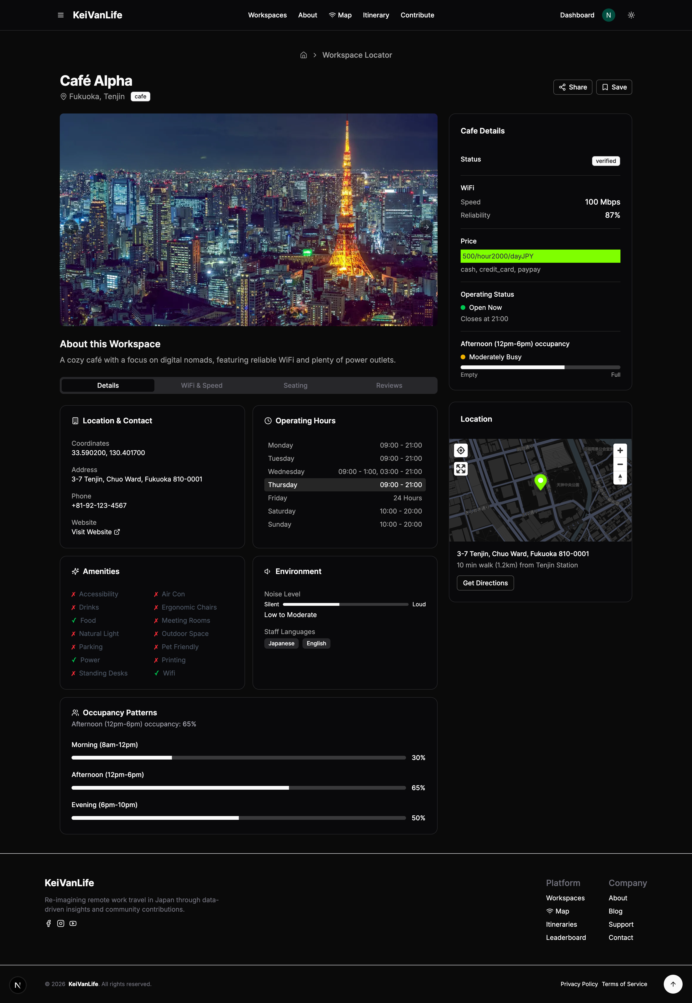 Workspace directory entry: a remote-work-friendly location (details, wifi speed, seating, and reviews).
