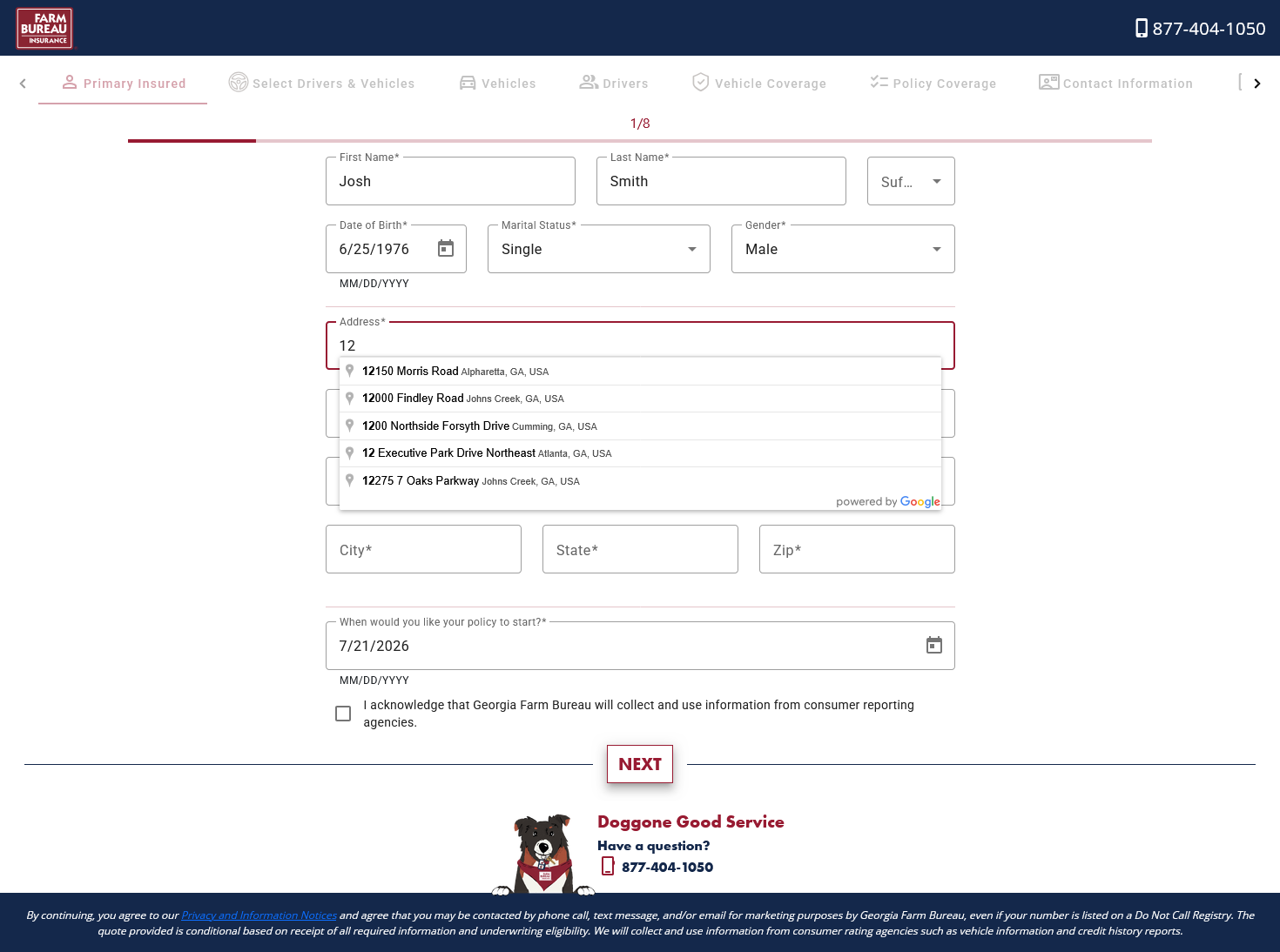 Auto quote: Primary Insured (step 1 of 8) on quote.gfbinsurance.com.