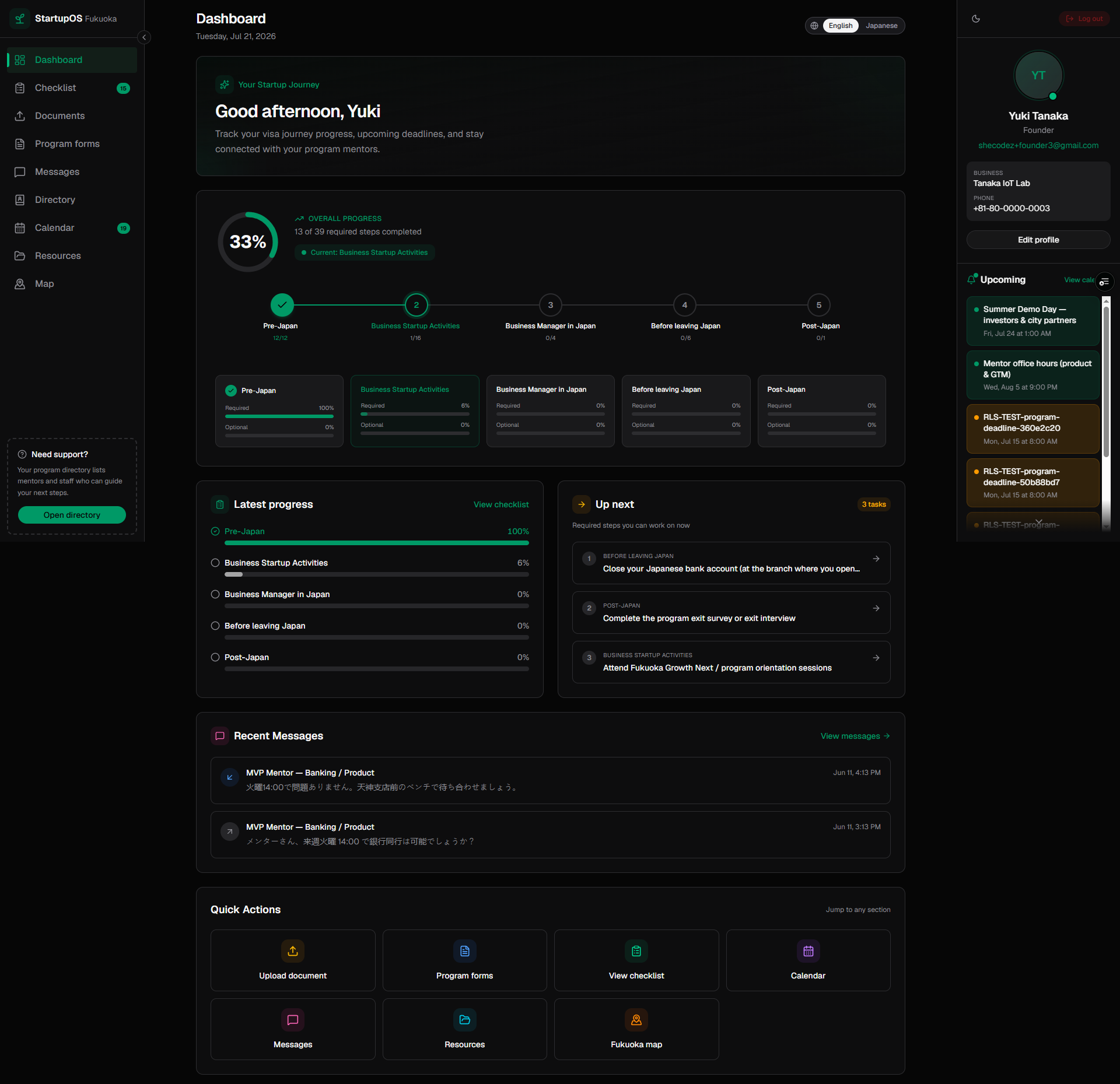 Founder dashboard: phase progress and dependency-aware next steps.
